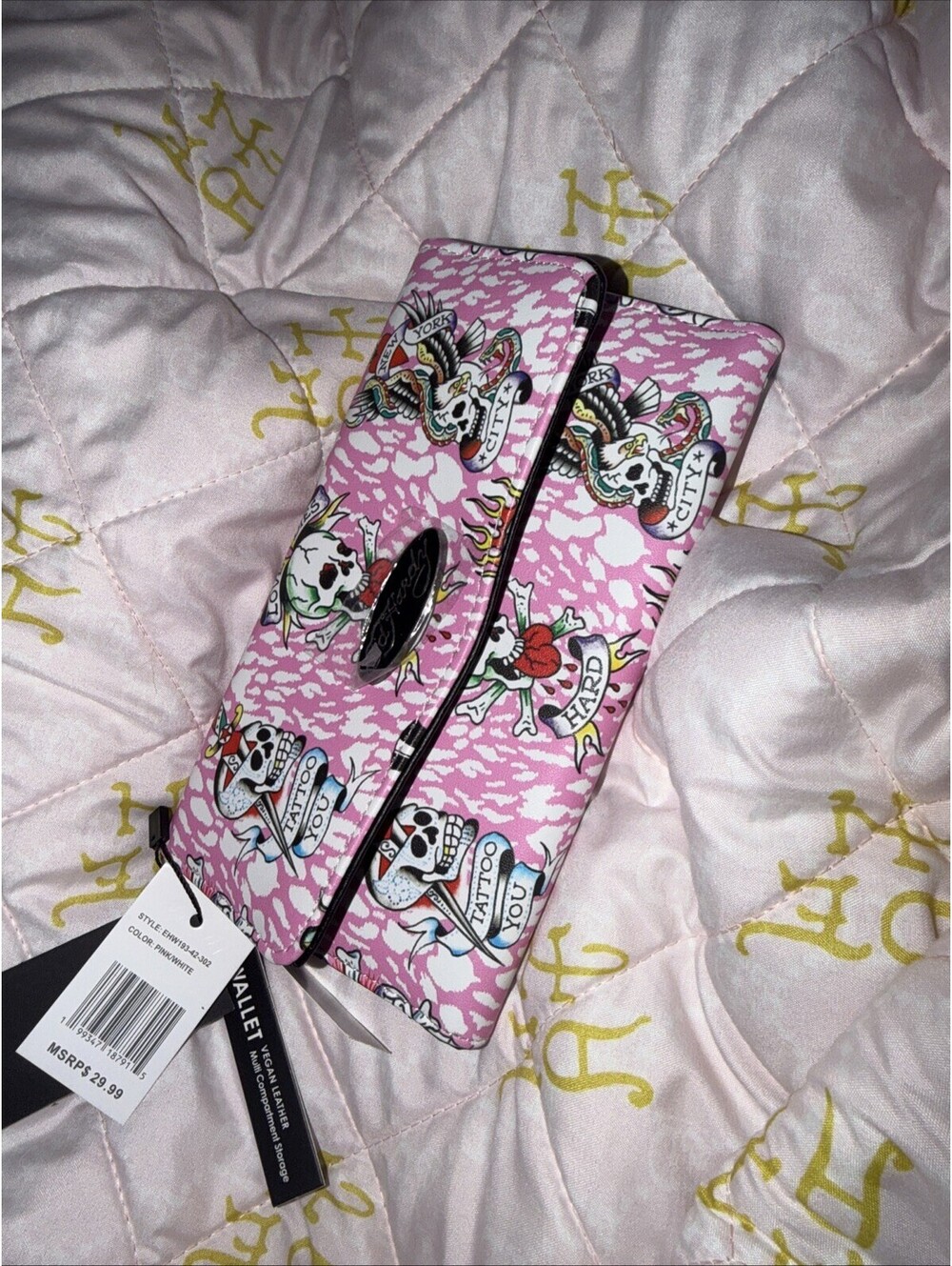Ed Hardy Wallet Snap Close Bifold Pink White Leopard Print Graphic Skull Design
